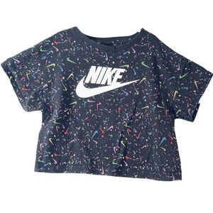 Nike Kids Graphic Logo Crop T-Shirt Black With Multicolor Swoosh Design Size M (